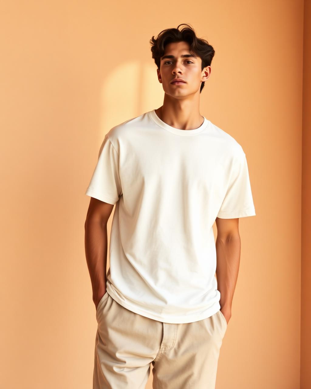 Model wearing a cream heavyweight t-shirt by Mahwash Collective